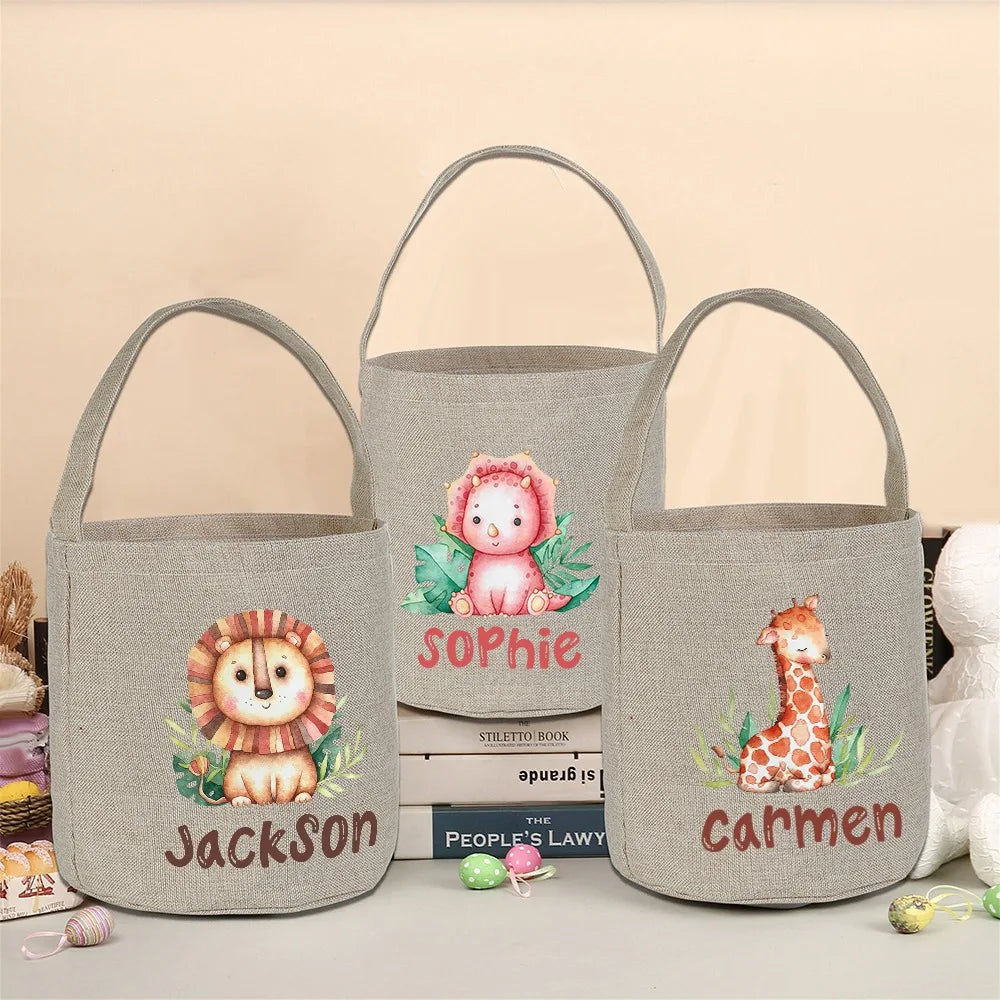 Personalized Animal Name Kids Tote Bag – Custom Linen Bucket