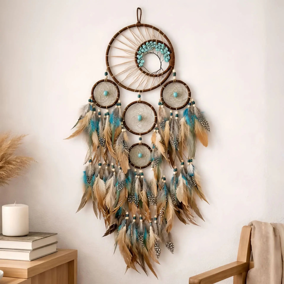 Turquoise Life Tree Dream Catcher – Feather Wall Décor Pendant