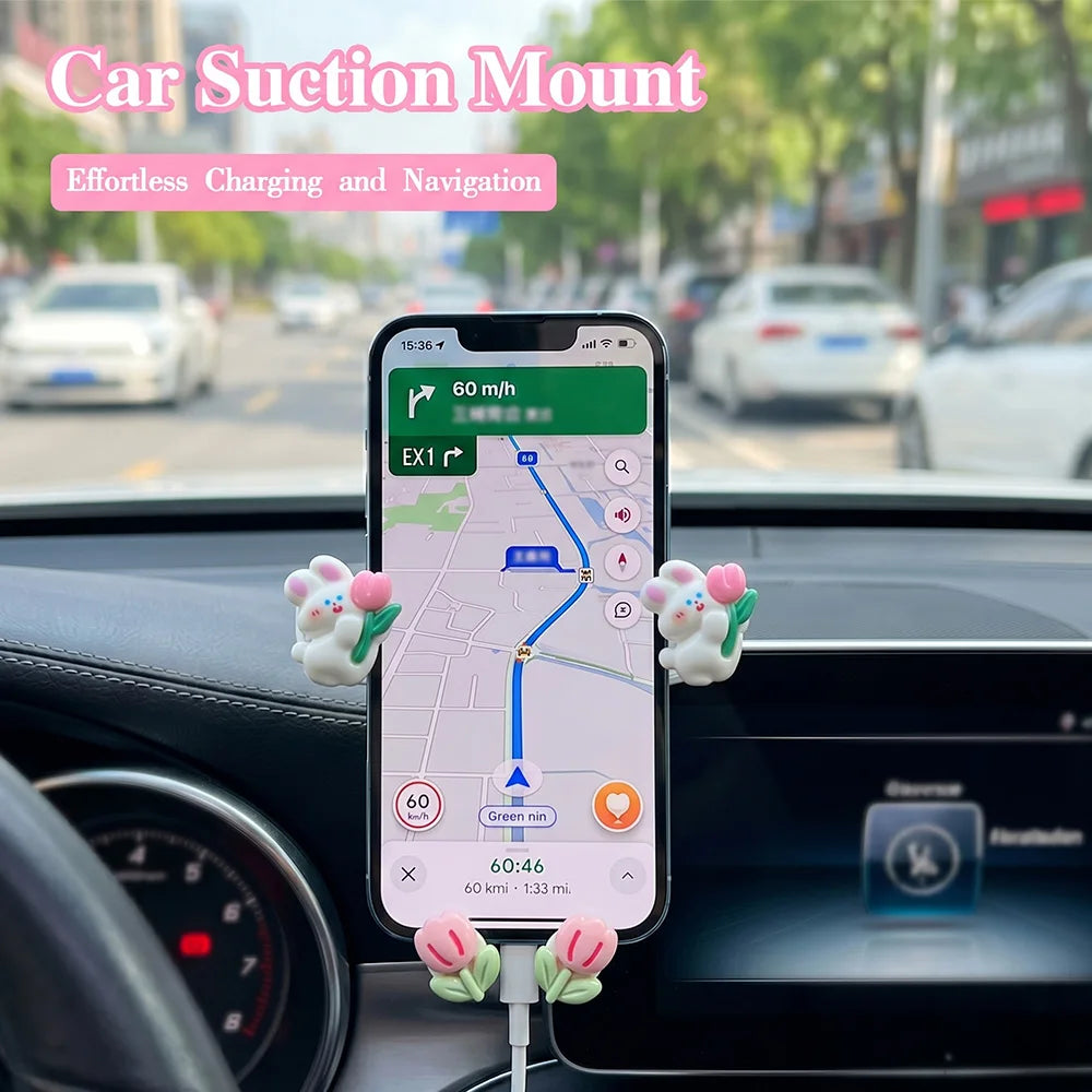 Cute Rabbit Tulip Car Phone Holder – Suction Cup Dashboard Mount