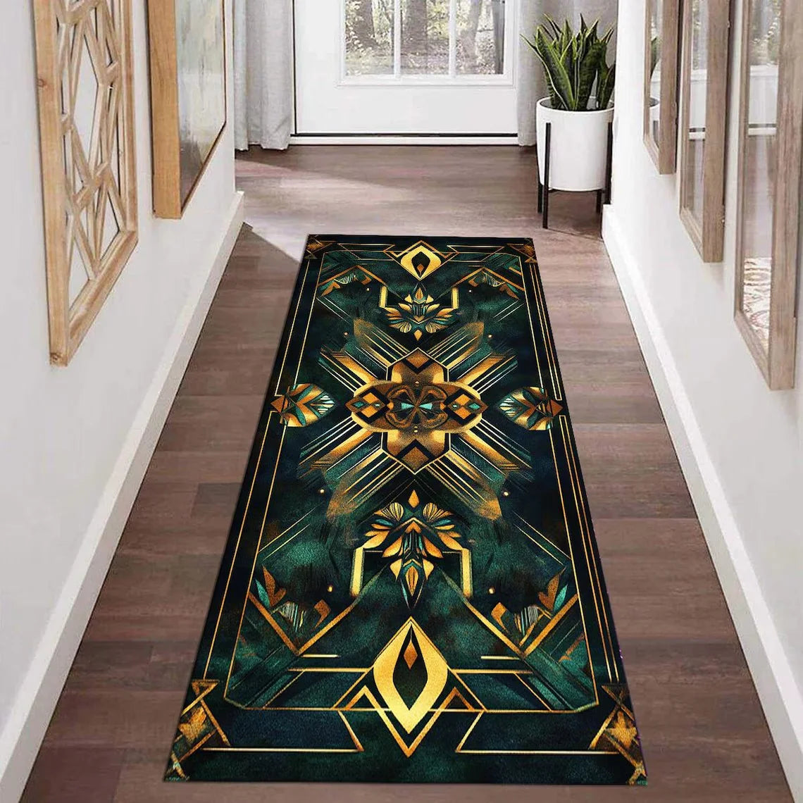 Geometric Floor Runner Rug – Dark Green & Gold Anti-Slip
