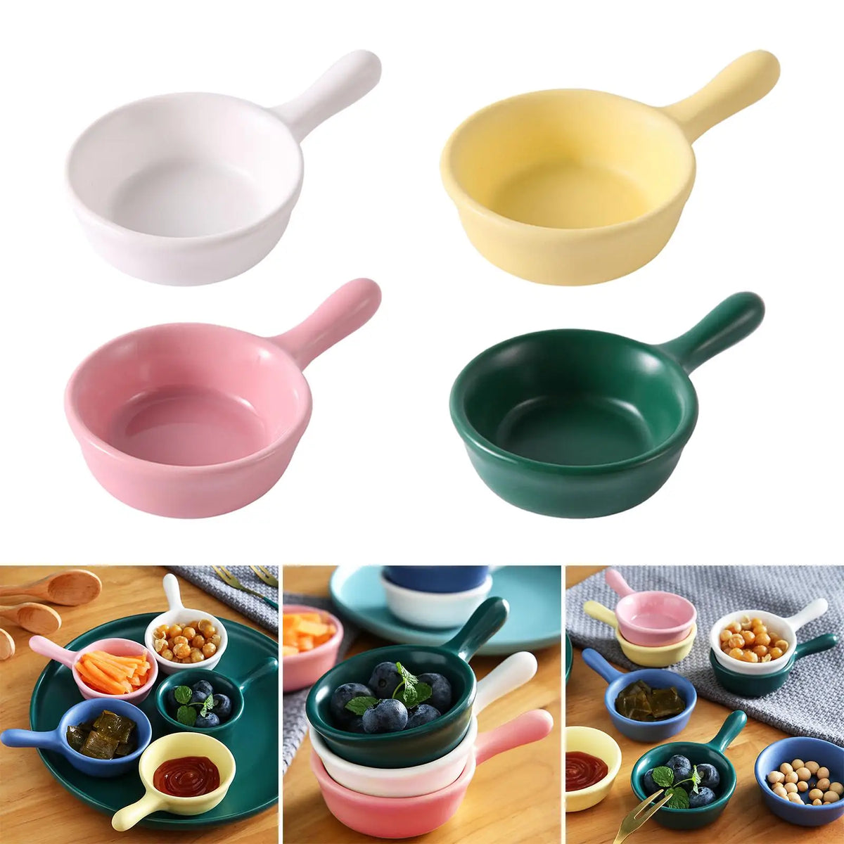 Ceramic Dipping Sauce Bowls with Handle – Set of 3 Stackable