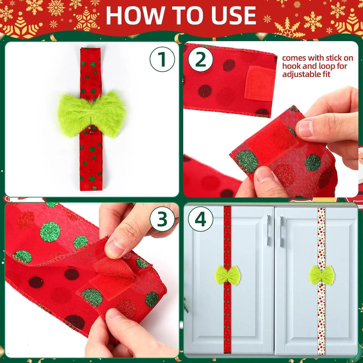 Green Velvet Christmas Ribbon Bow | Cabinet Door Ornament