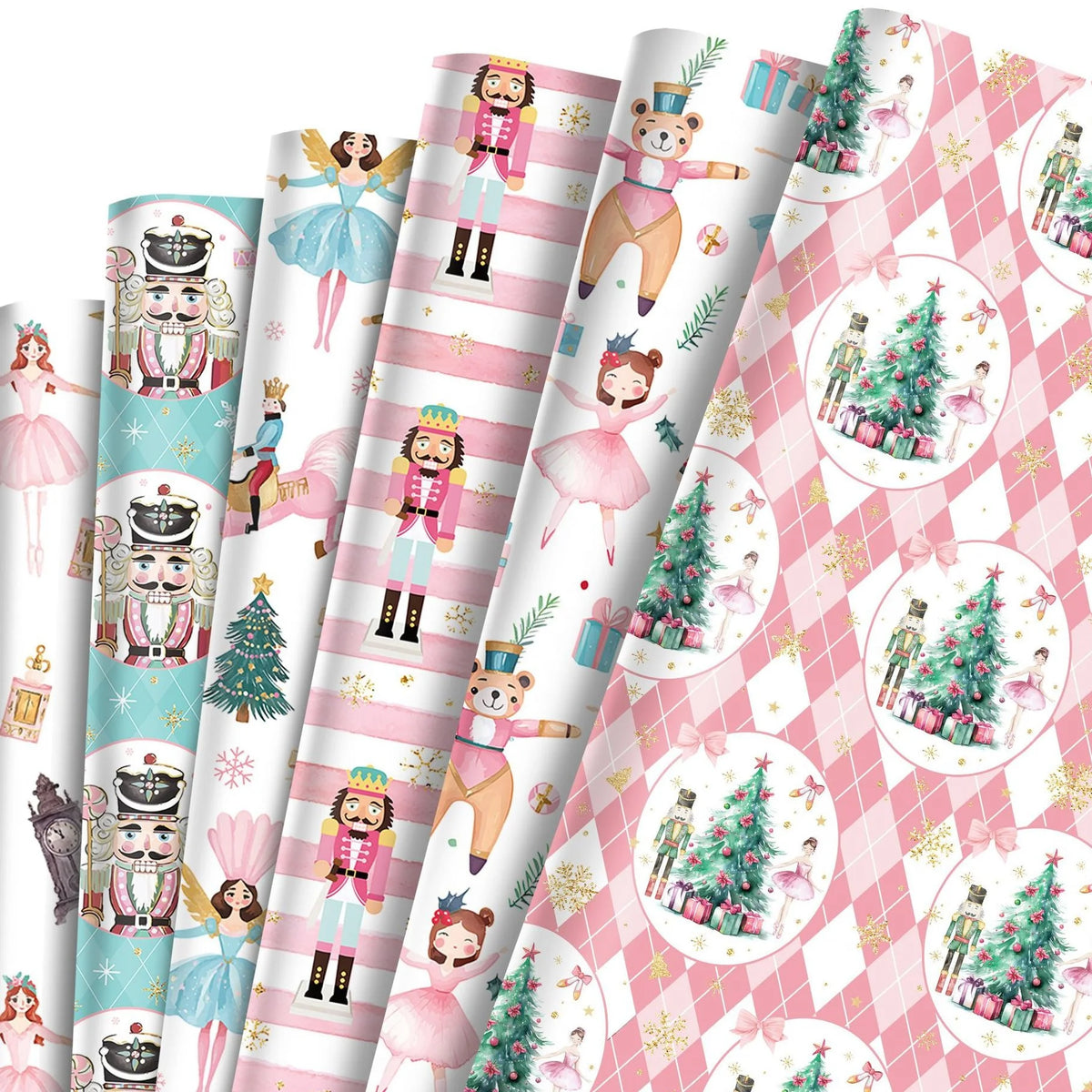 12-Sheet Pink Christmas Wrapping Paper Set | 6 Festive Designs