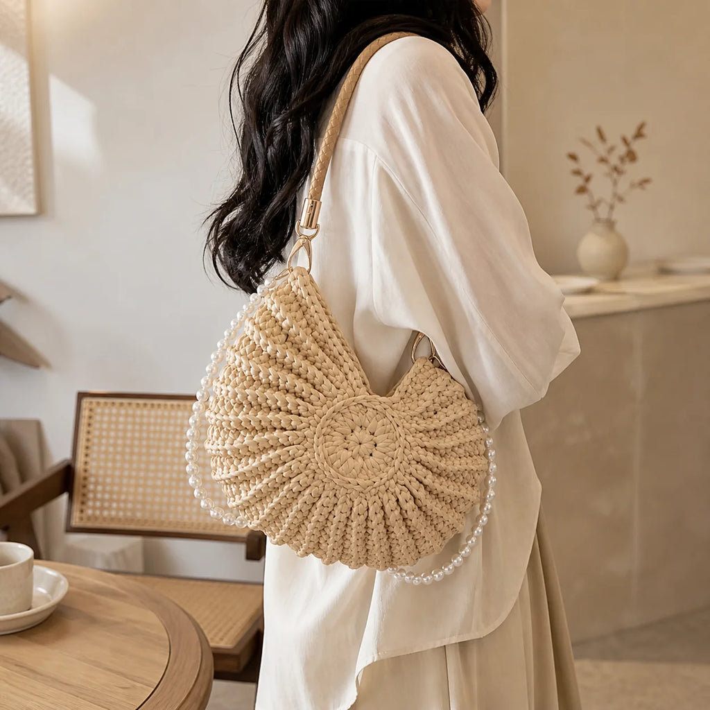 Handmade Woven Shell Bag – Boho Straw Beach Crossbody Purse