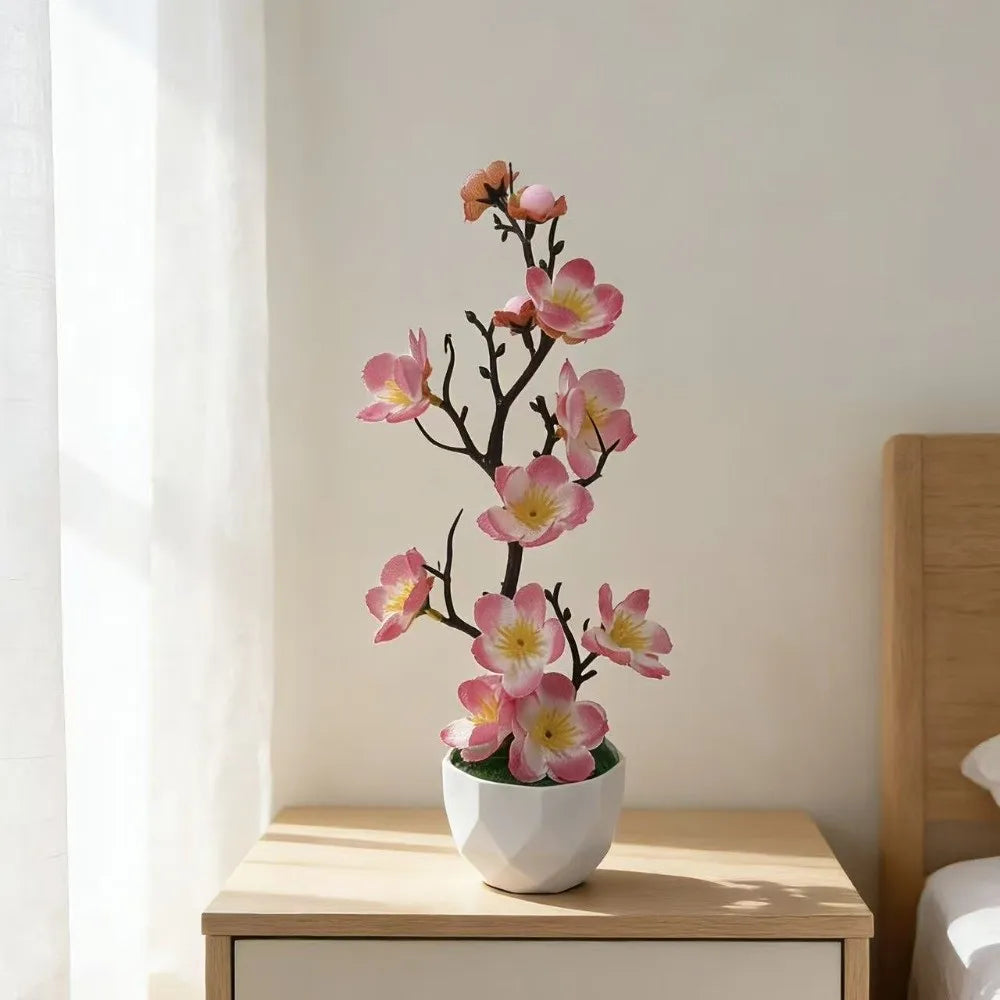 Red Artificial Plum Blossom Bonsai – Fake Wintersweet Potted Plant