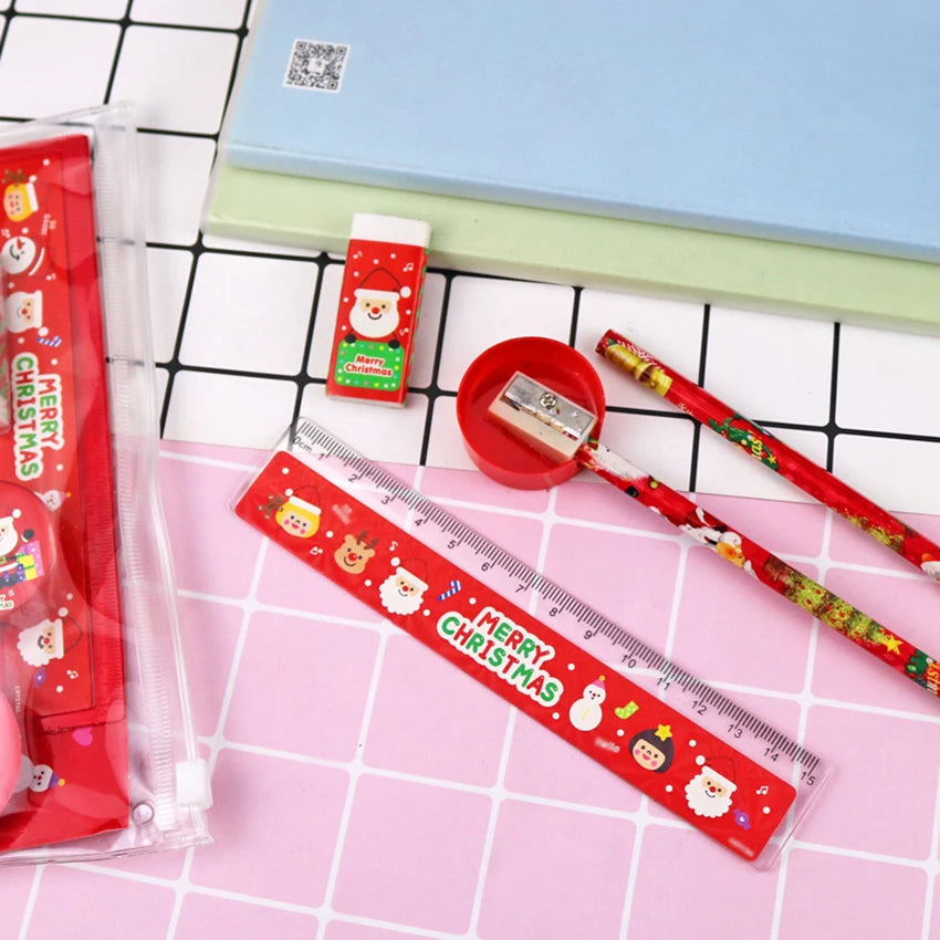 6-Piece Christmas Stationery Set – Pencil, Ruler, Eraser & Bag