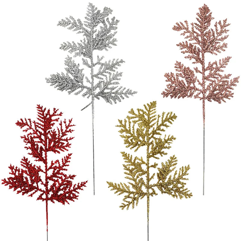 Gold Glitter Artificial Pine Branches Christmas Decor 10pcs