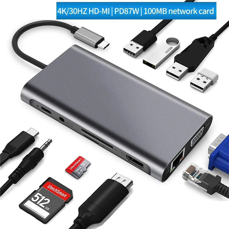 11-in-1 USB-C Hub | HDMI 4K, VGA, RJ45, PD 100W, Card Reader