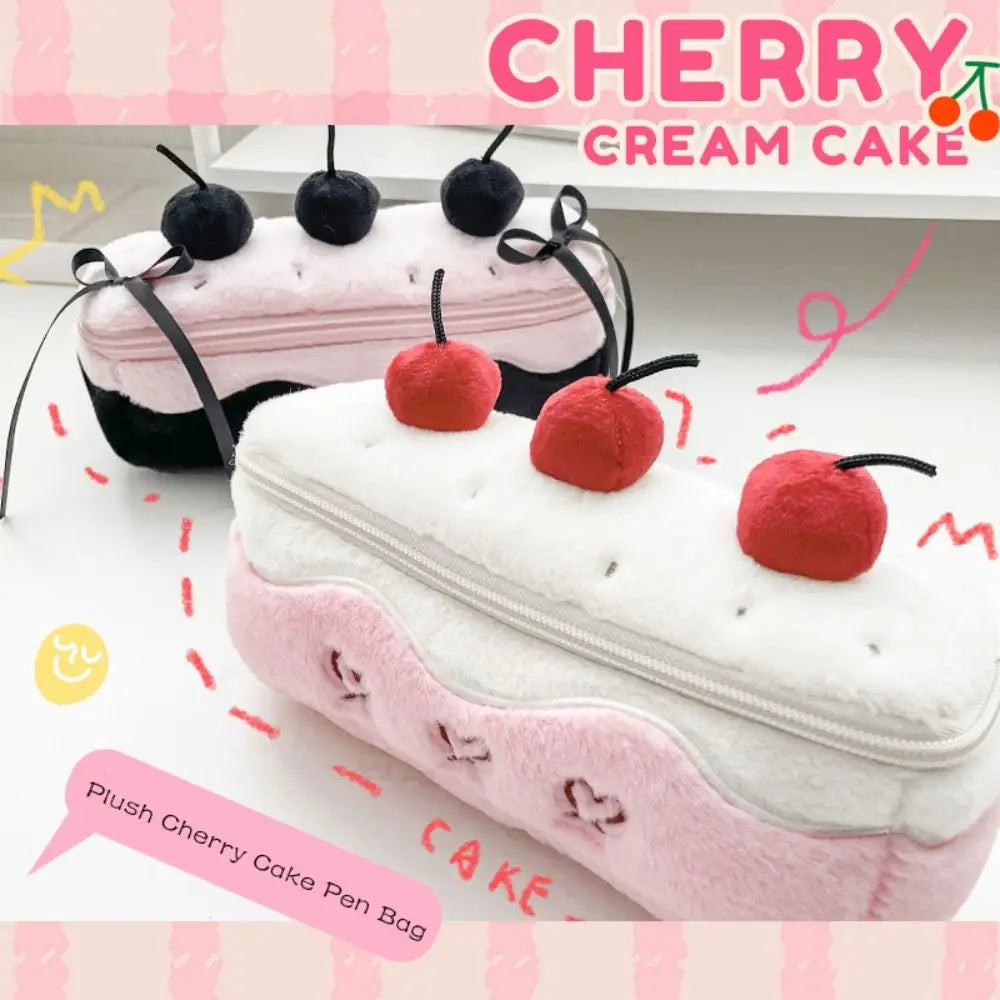 Cherry Cake Plush Pencil Case – Large Capacity Stationery Bag