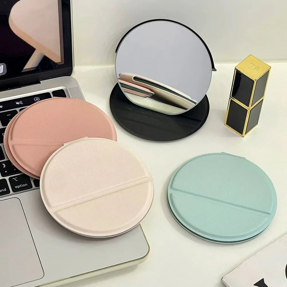 Round Foldable PU Leather Makeup Mirror – Portable Travel