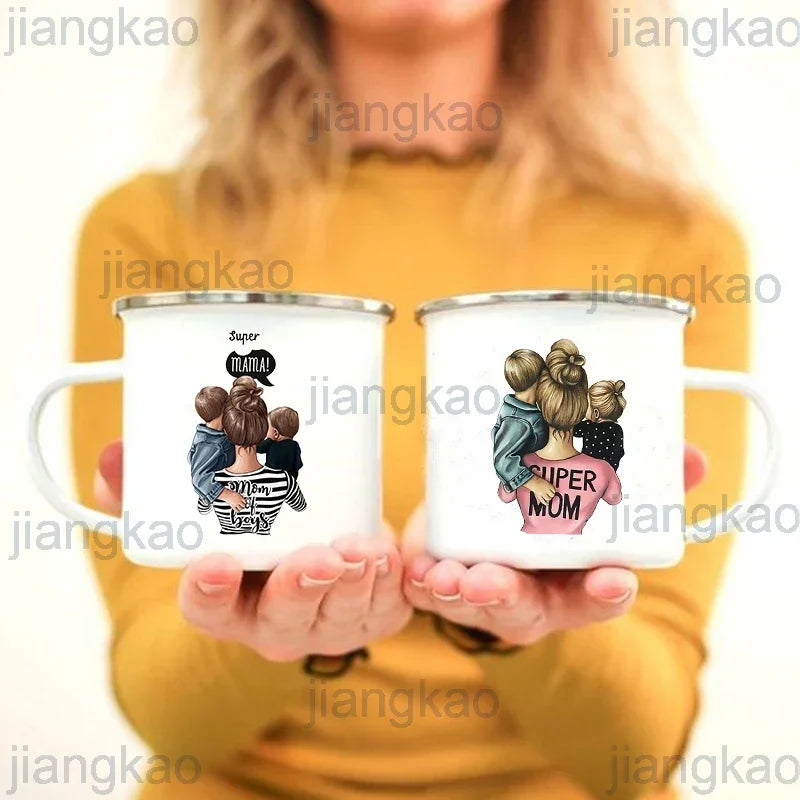 Super Mom Enamel Mug – Cartoon Print Coffee & Tea Cup Gift