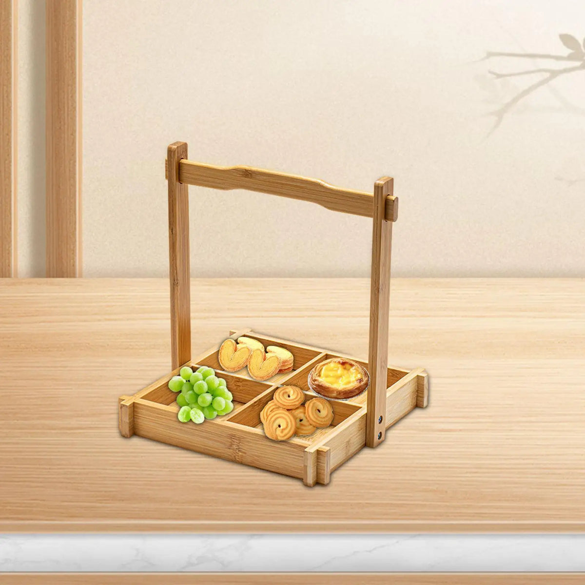 4-Compartment Bamboo Round Serving Tray for Snacks & Parties