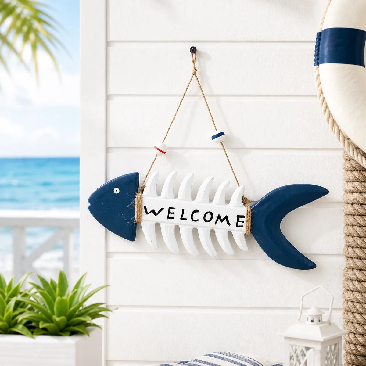 Nautical Fishbone Welcome Sign | Rustic Coastal Wall Decor