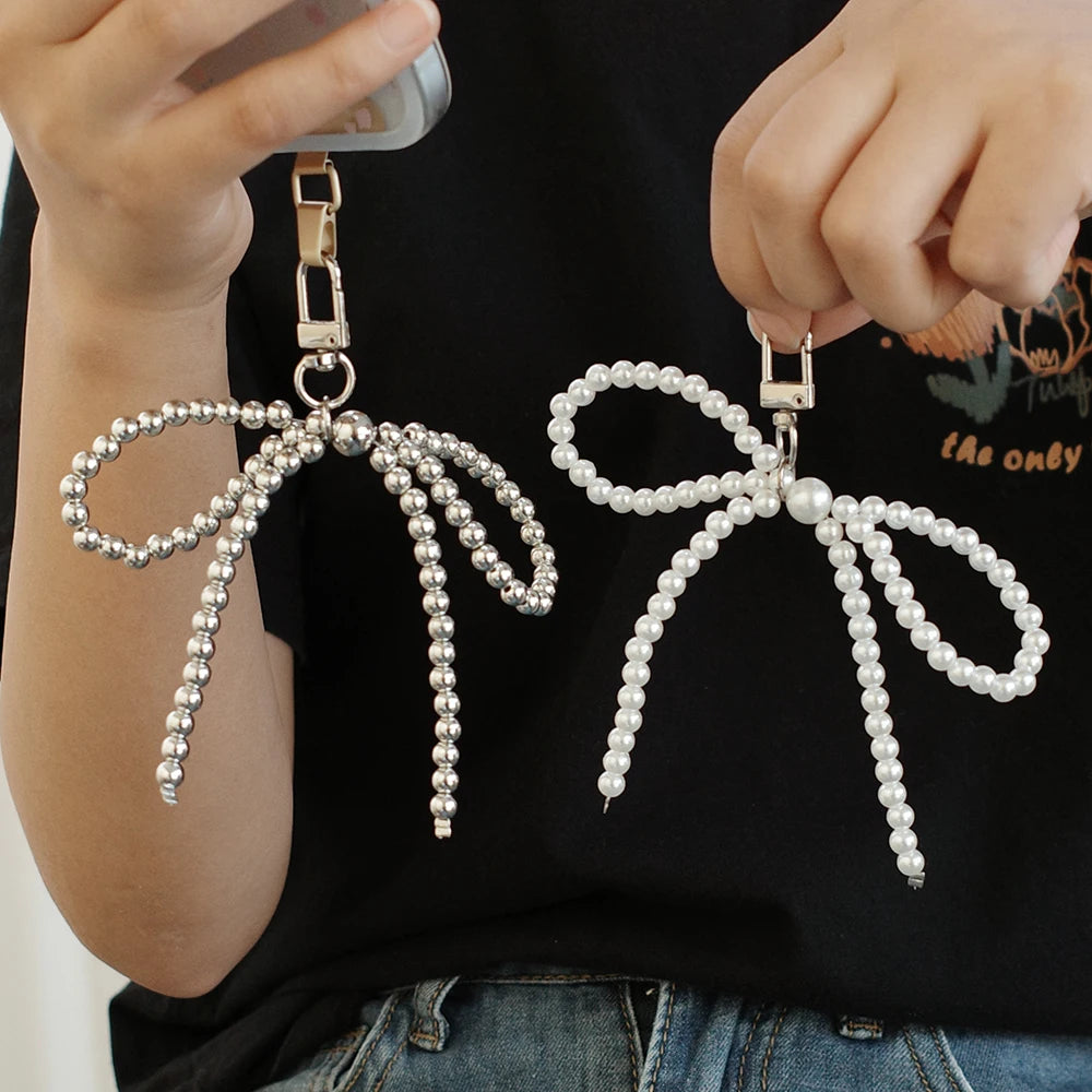 Korean Pearl Bow Keychain – Cute Y2K Bag & Phone Pendant