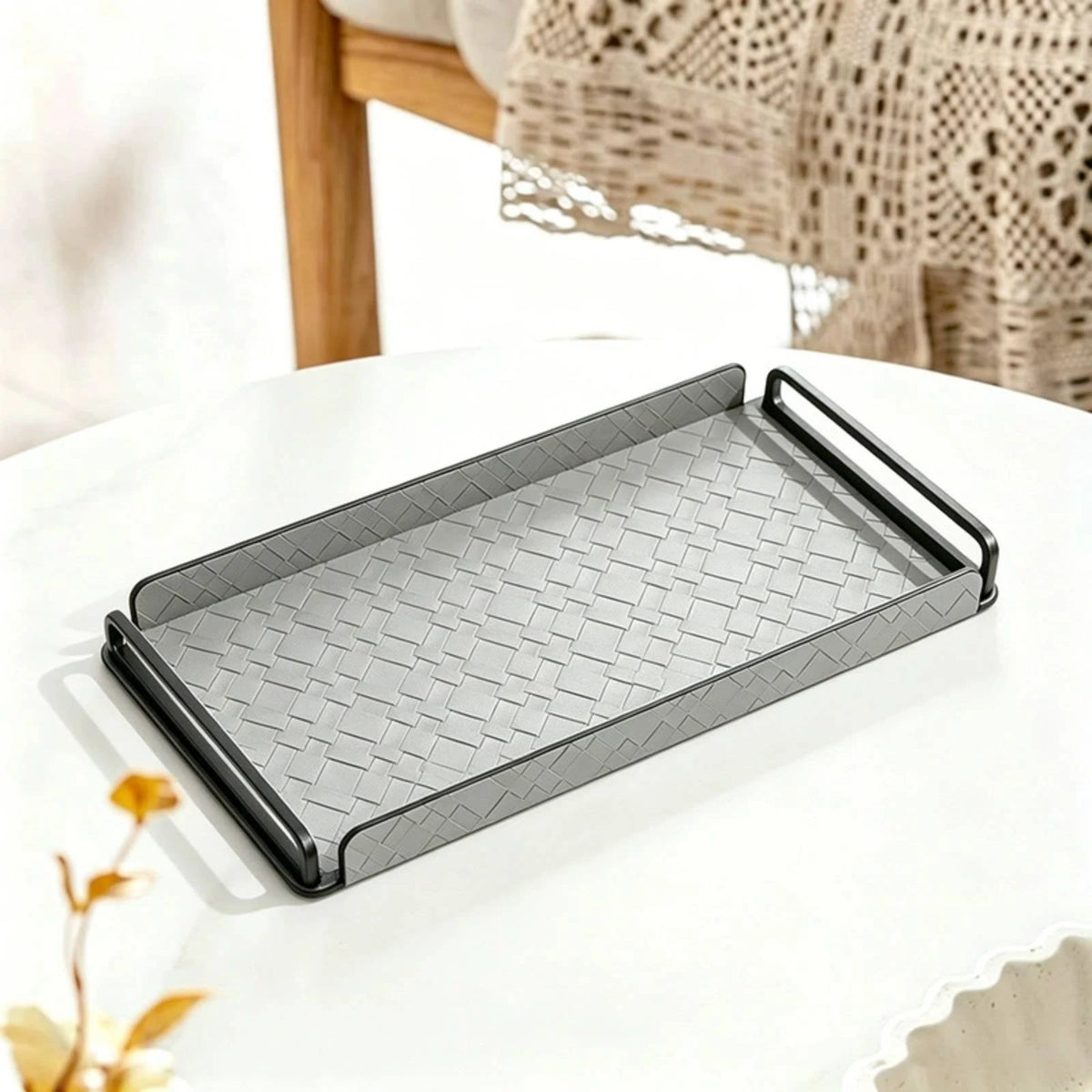 Woven Geometric Serving Tray with Handles | Modern Home Décor