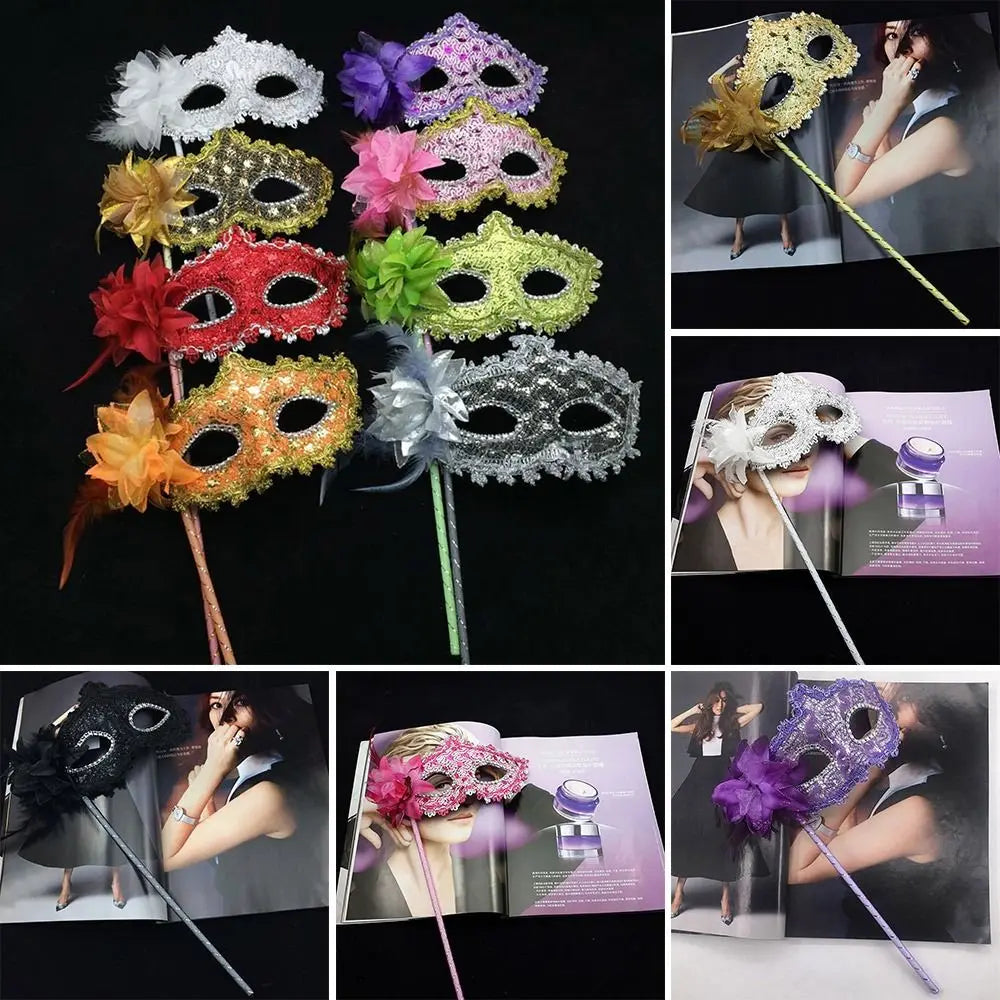 Handheld Feather Masquerade Mask – White Lace & Holding Stick