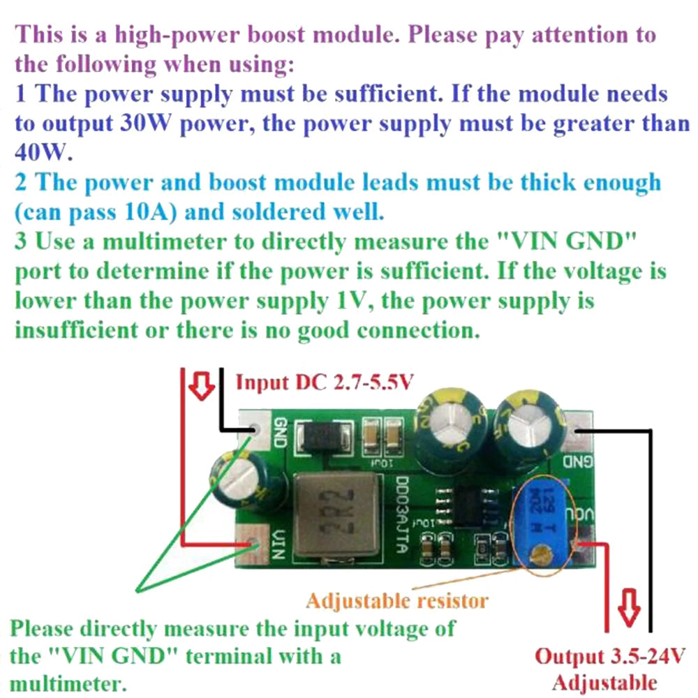 30W DC-DC Boost Converter Module 2.7–5.5V to 3.5–24V