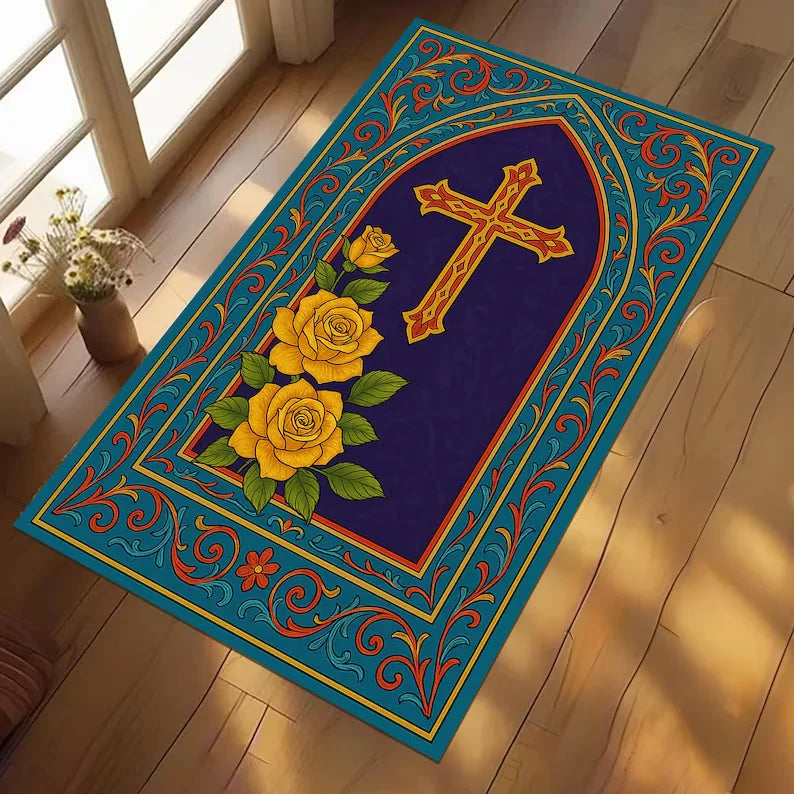 Vintage Cross Prayer Rug – Non-Slip Christian Home Décor Mat
