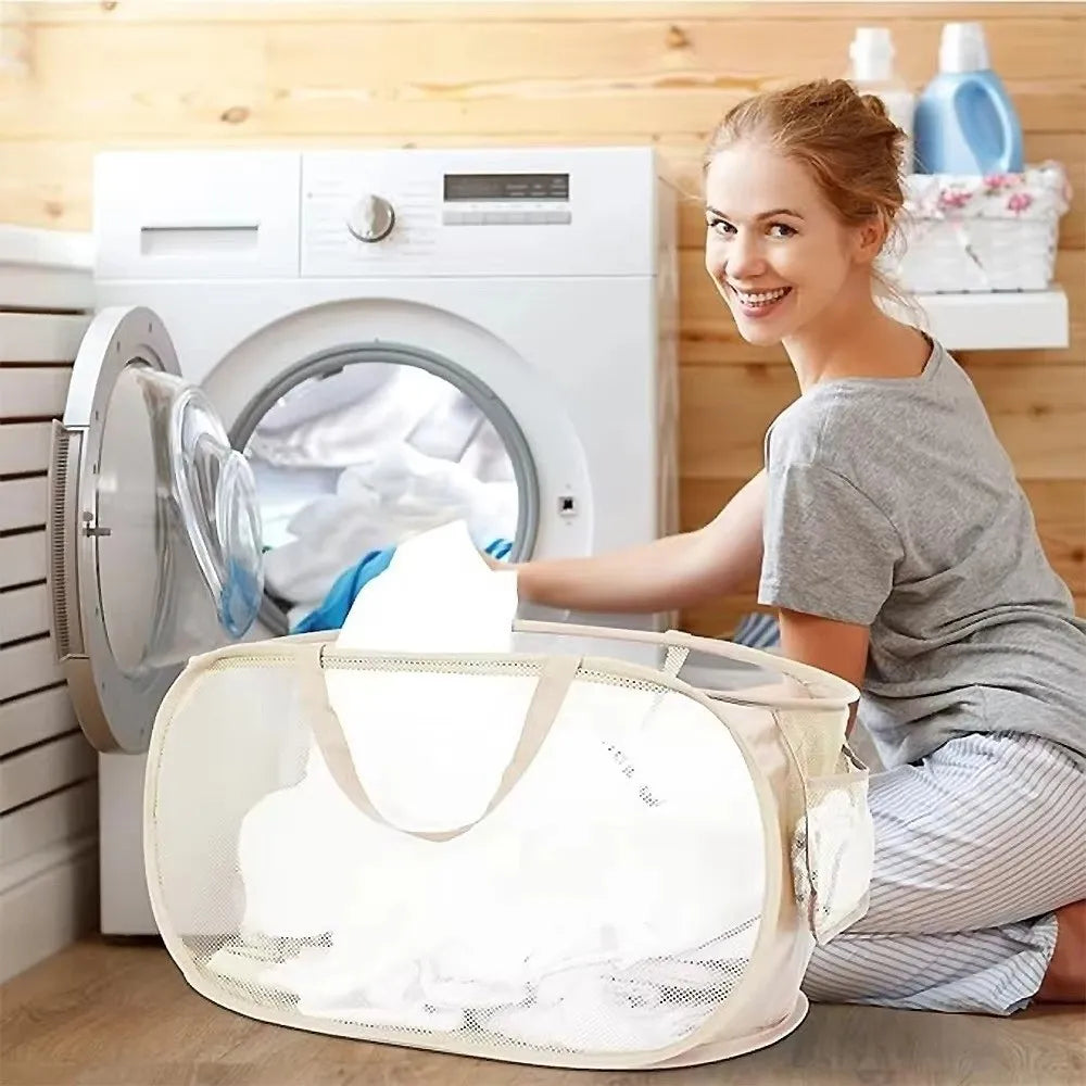 Large Fabric Storage Basket with Side Pocket & Handle