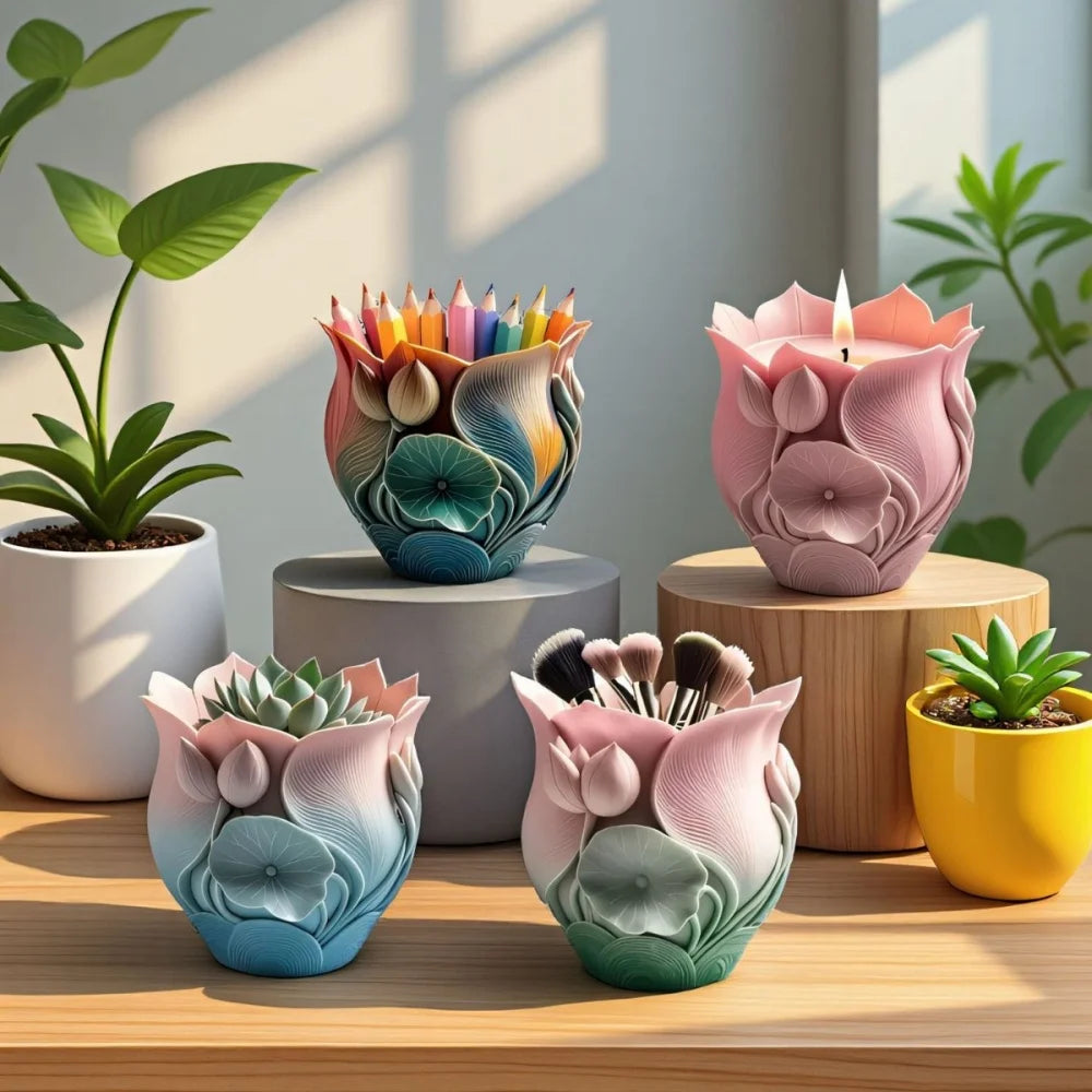 Lotus Rose Flower Pot Silicone Mold – Resin, Gypsum & Candle