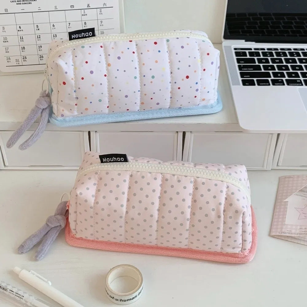 Large Capacity Pencil Case – Dot Pattern Cotton Pen Bag