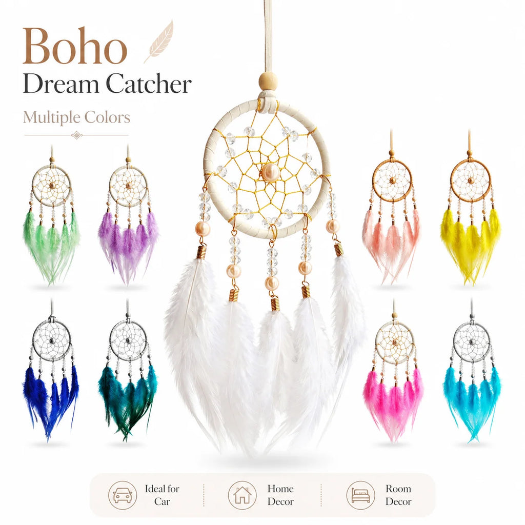 Boho Dream Catcher Ornament – Crystal Beads & Feathers Décor