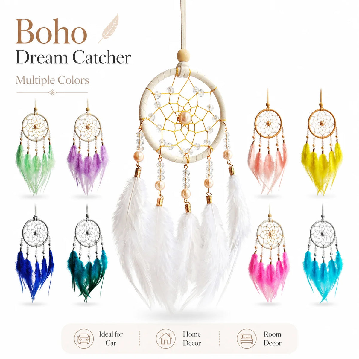 Boho Dream Catcher Ornament – Crystal Beads & Feathers Décor