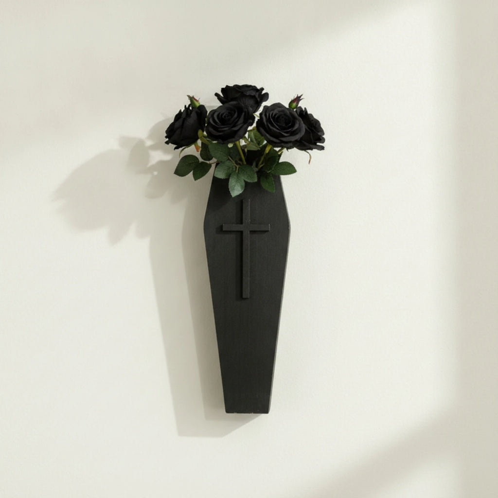 Gothic Casket Plaque with Cross | Slim Wood Wall Sculpture