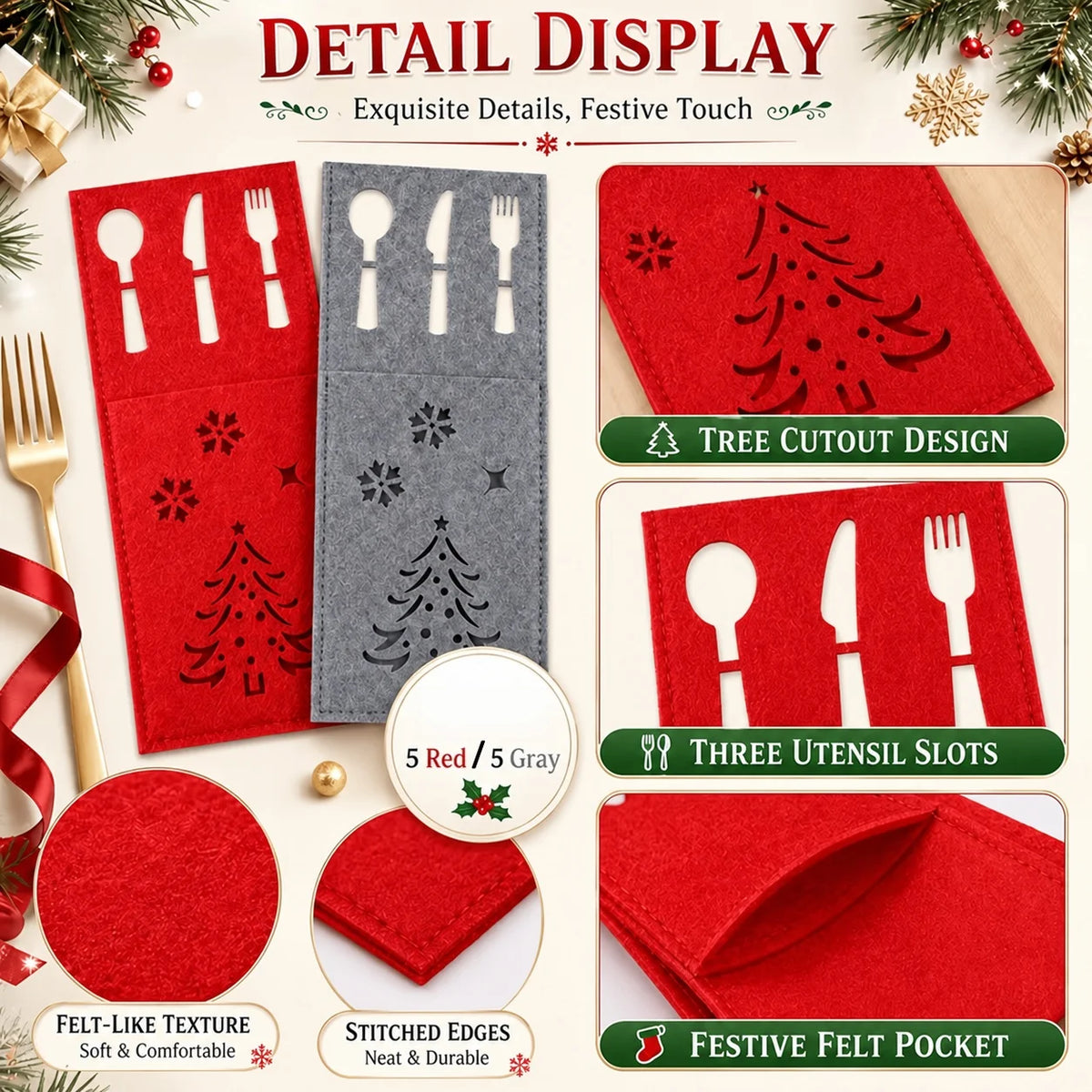 Felt Christmas Cutlery Pockets – Set of 5 Utensil Holders