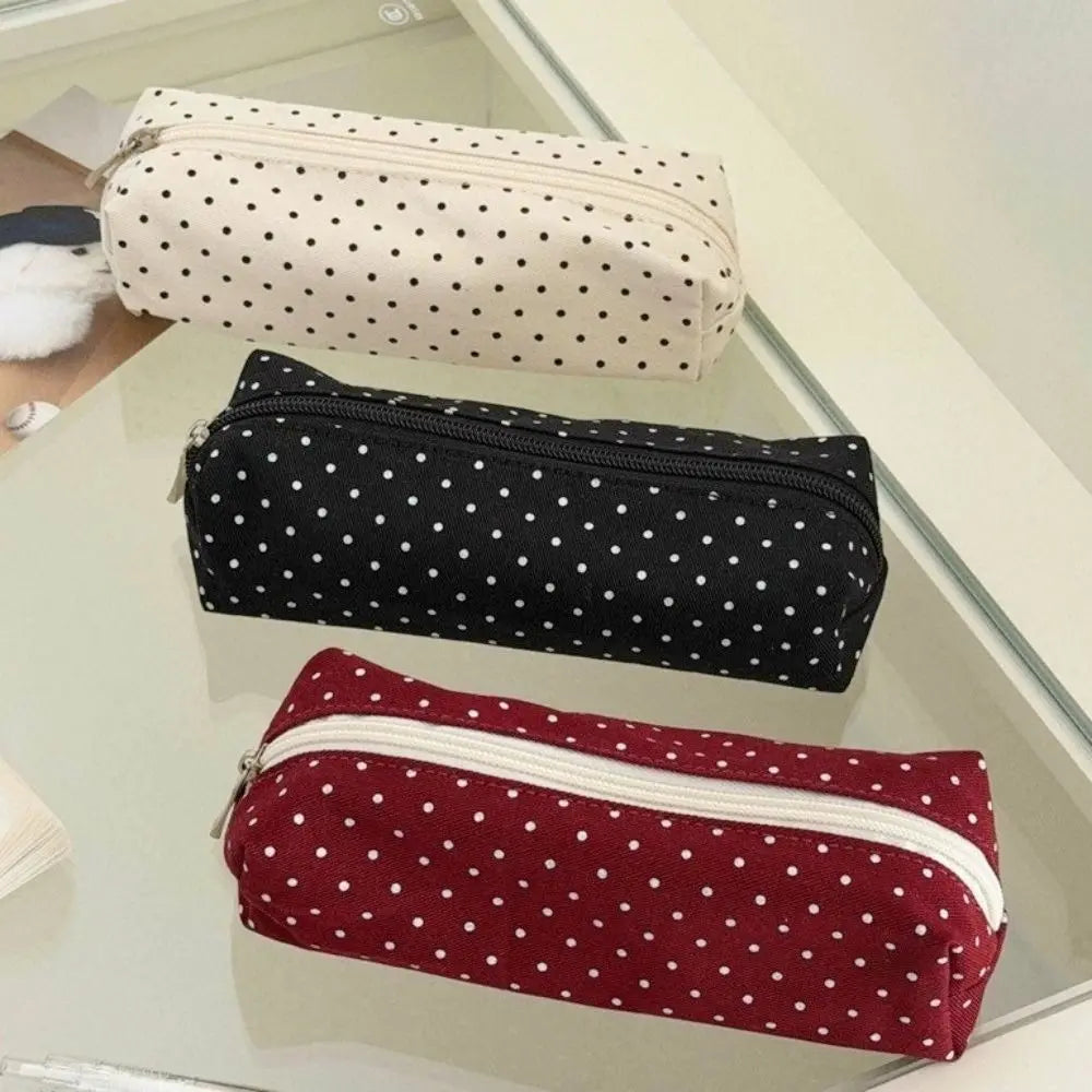 Polka Dot Canvas Pencil Case – Large Capacity Zipper Pouch