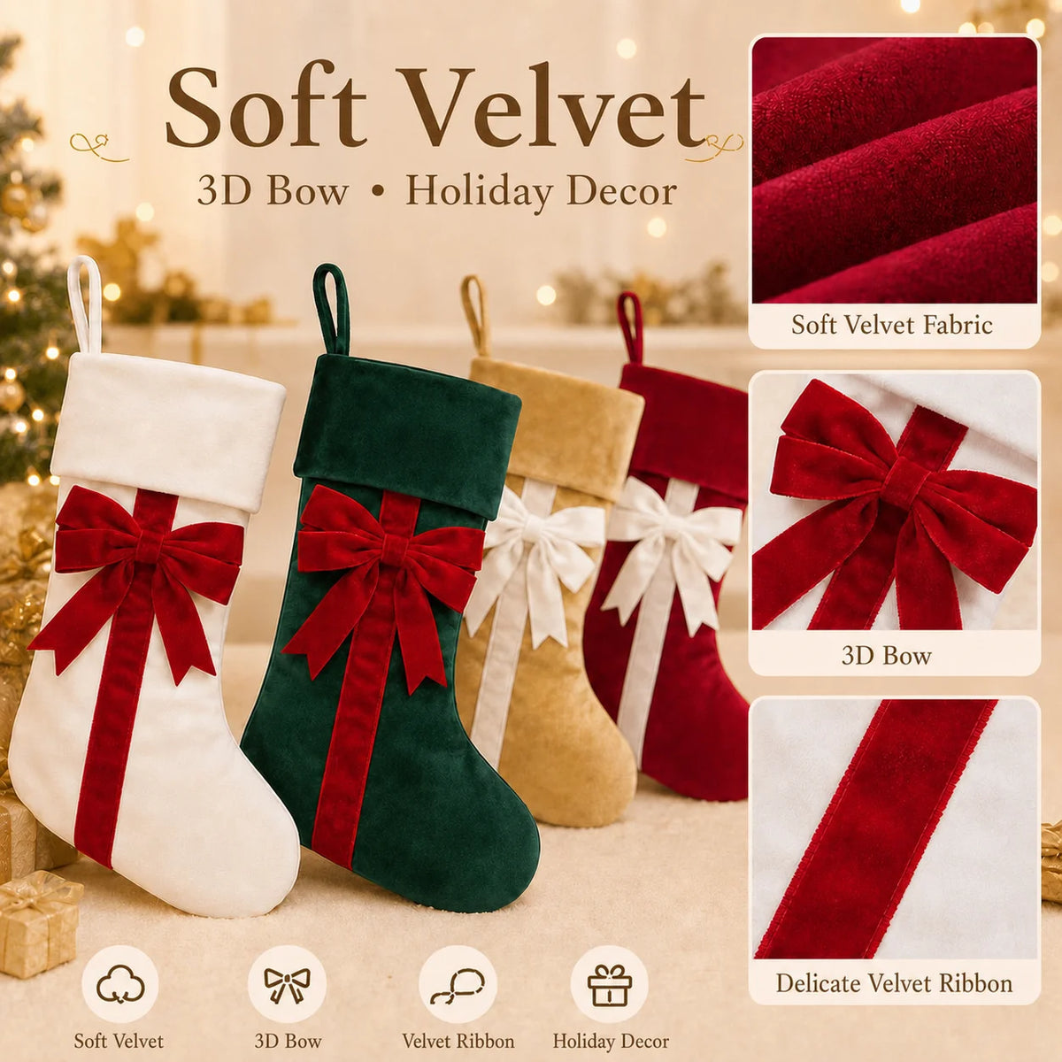Velvet Christmas Stocking – Hanging Holiday Decoration & Gift Bag