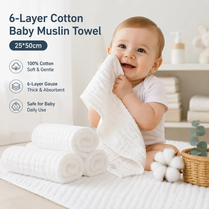 6-Layer Cotton Muslin Baby Washcloths – Soft Face Towels