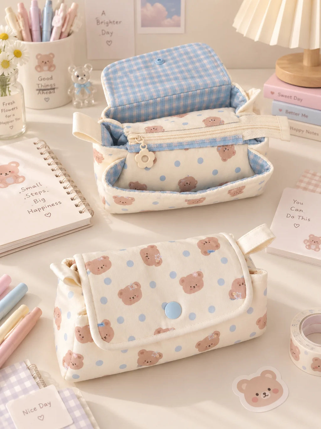 Cute Bear 3-Layer Pencil Case – Large Capacity Fabric Pouch