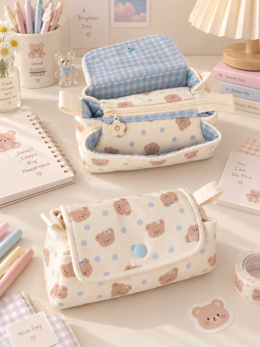 Cute Bear 3-Layer Pencil Case – Large Capacity Fabric Pouch