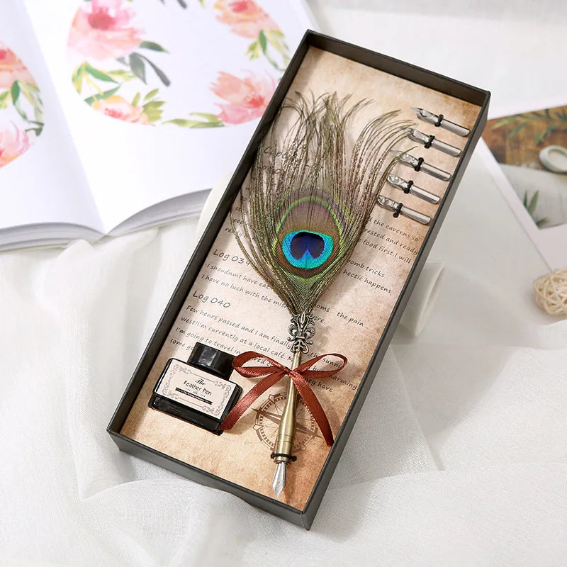 Peacock Feather Quill Dip Pen Set – Ink & 5 Nibs Gift Box