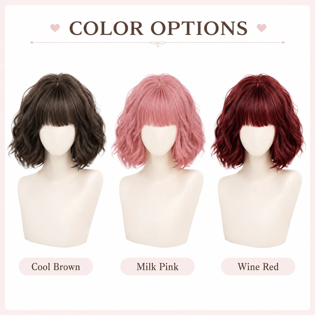 Short Wavy Bob Wig with Bangs – Synthetic Natural Scalp