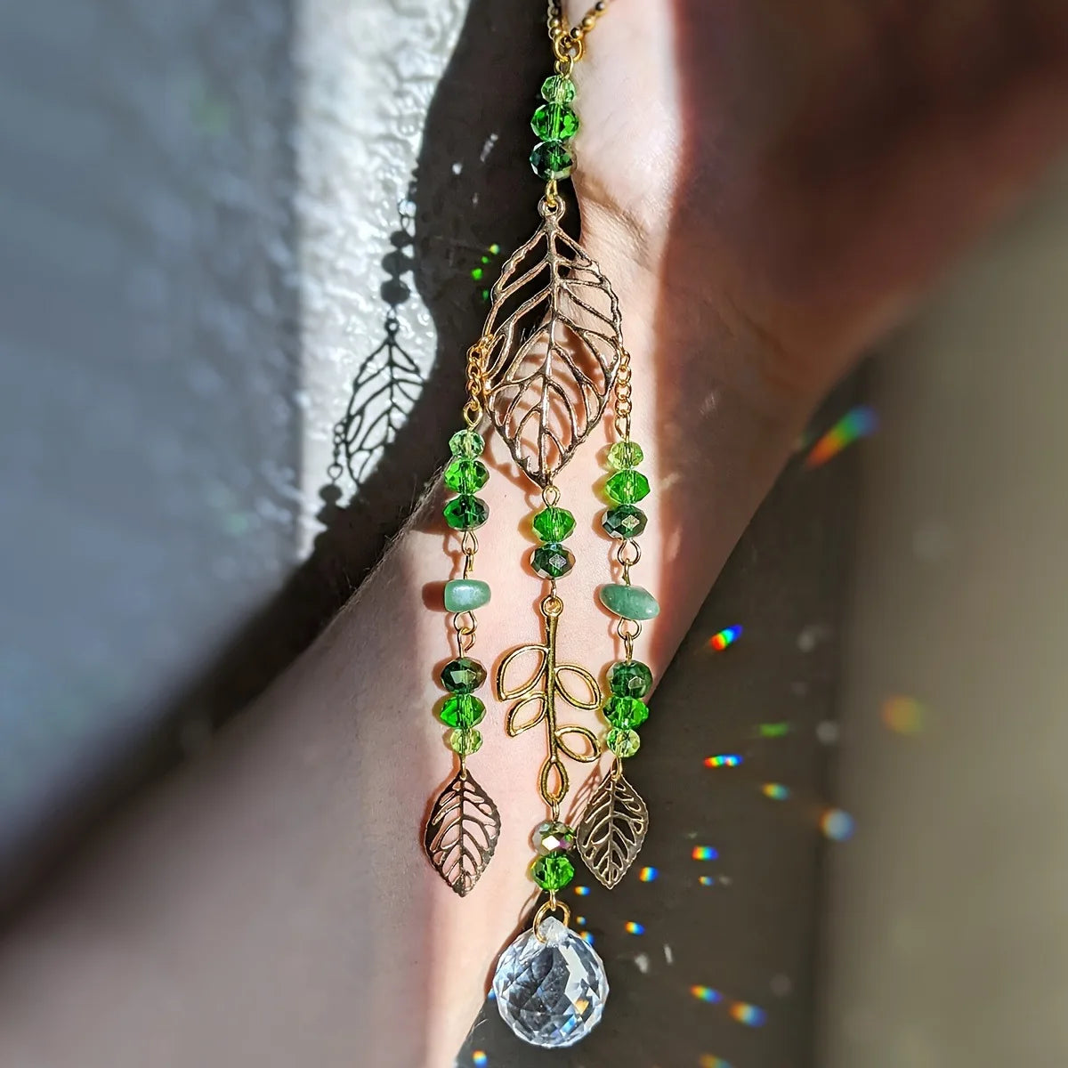 Green Crystal Suncatcher – Gold Leaf Rainbow Prism Window Decor