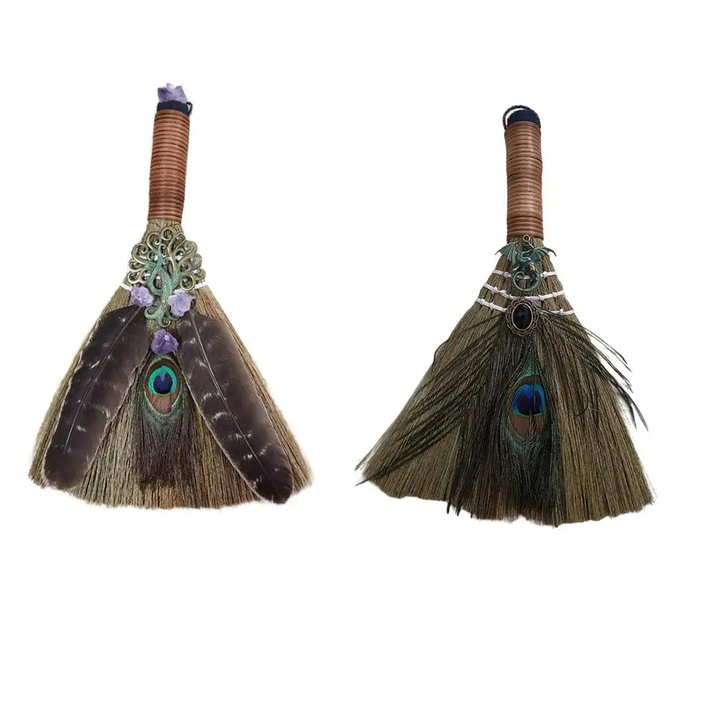 Wicca Witch Broom Altar Decor – Amethyst & Feather Wall Hanging