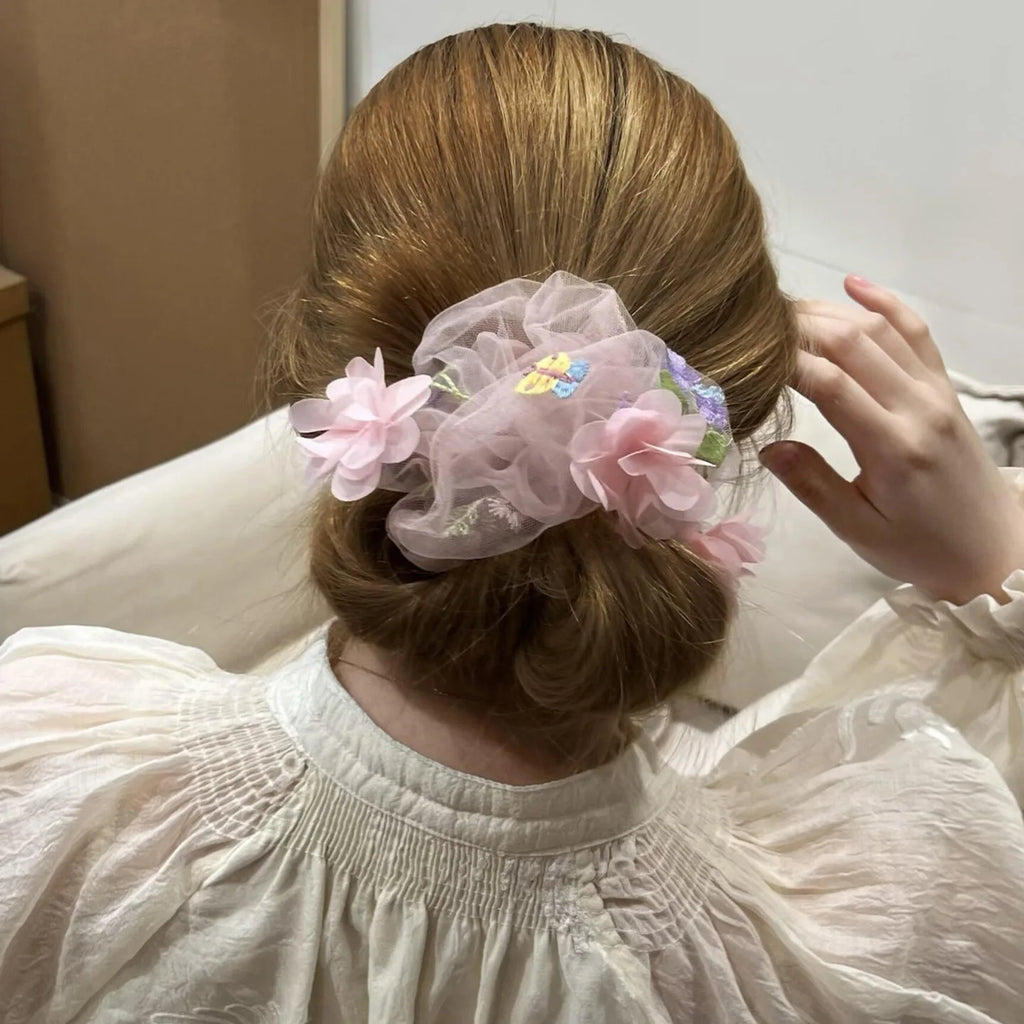 Flower Embroidery Netting Hair Bow – Ponytail & Headband