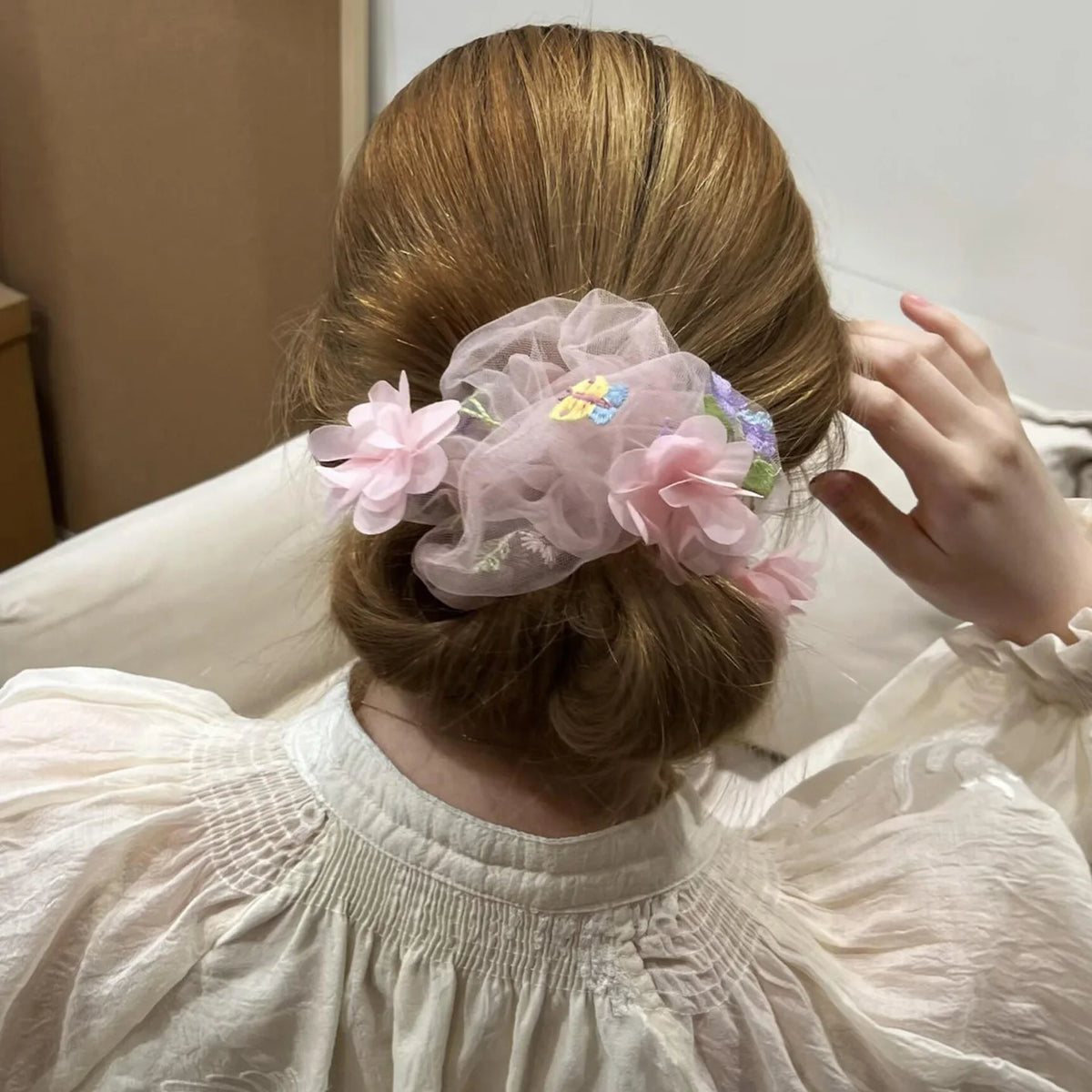 Flower Embroidery Netting Hair Bow – Ponytail & Headband