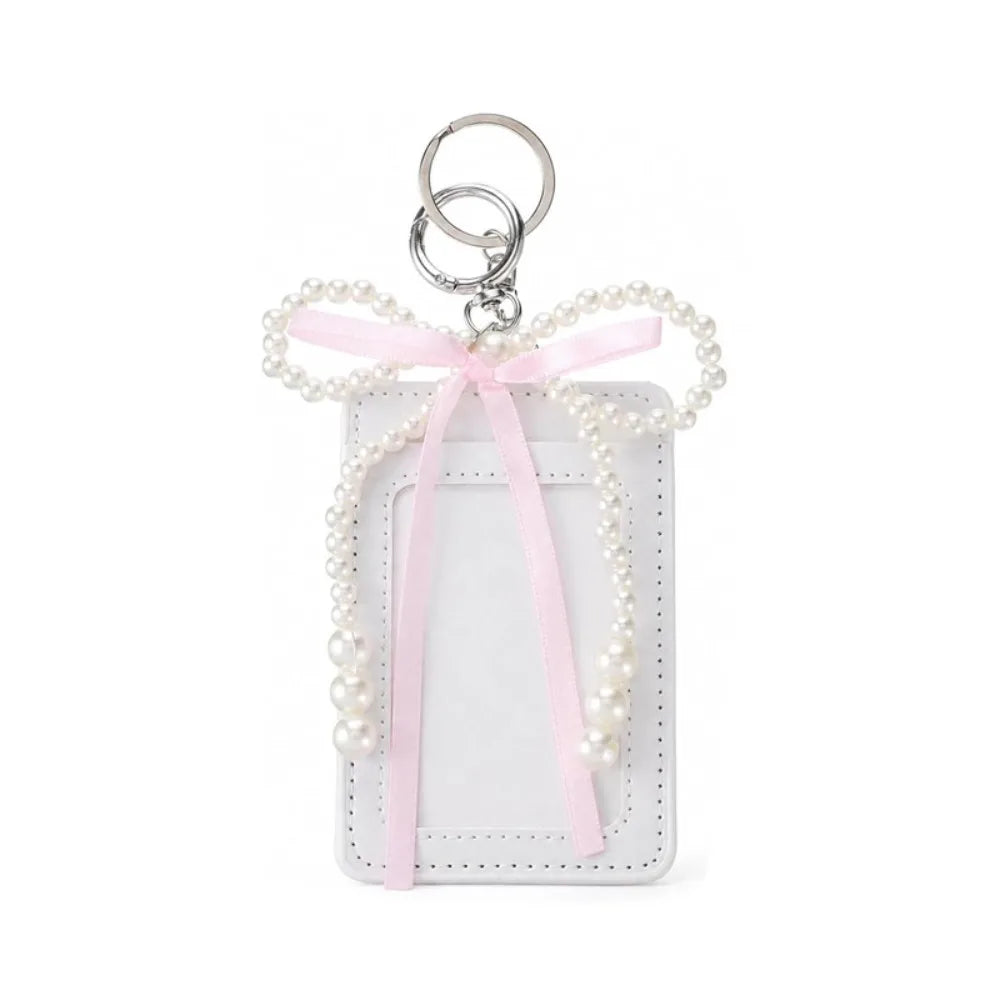 Cute Pearl Bow Photocard Holder Keychain | PU Leather