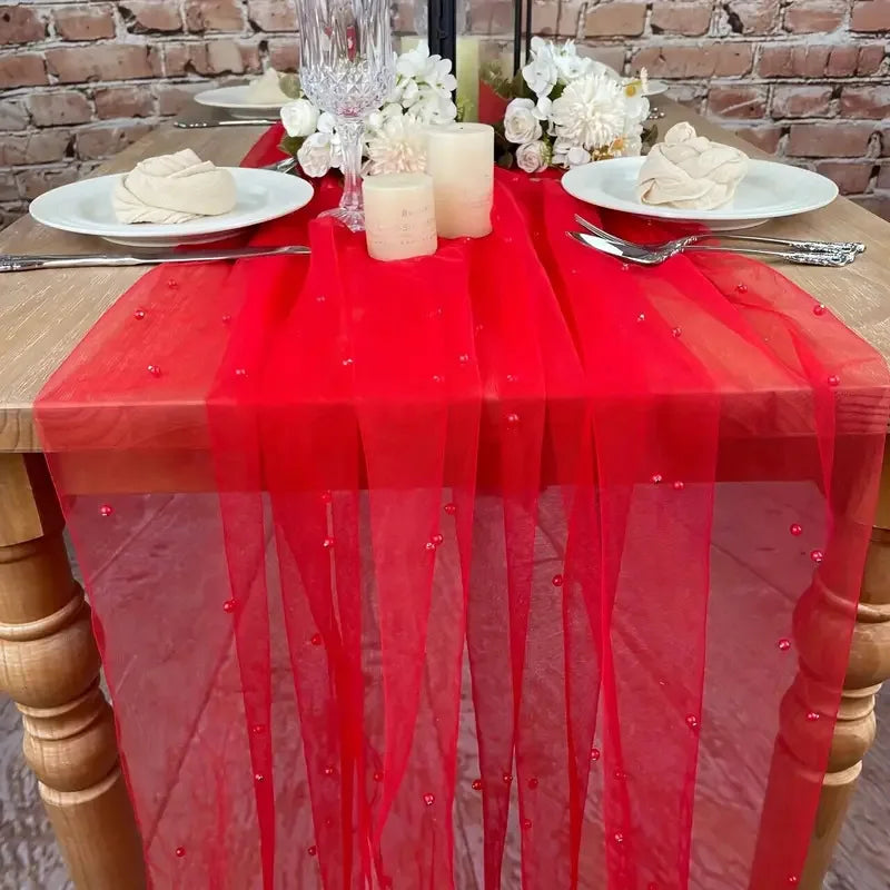 White Pearl Tulle Mesh Table Runner – Wedding & Party Décor