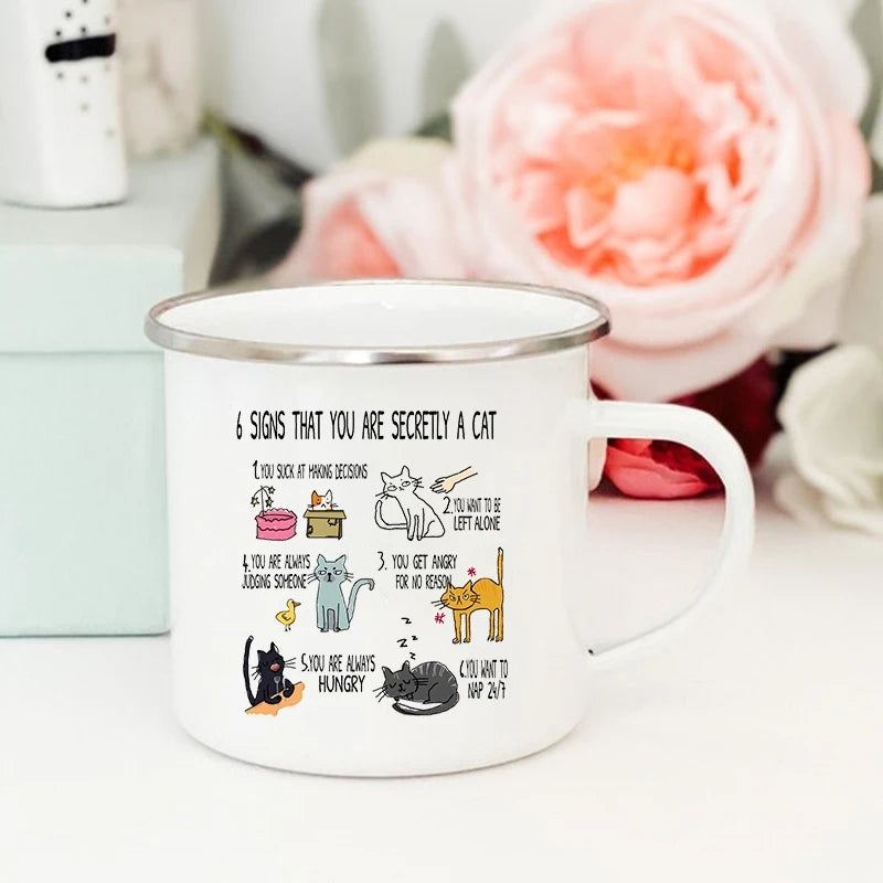 "6 Signs You're Secretly a Cat" Funny Enamel Coffee Mug