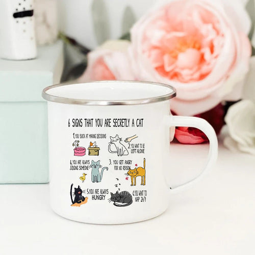 "6 Signs You're Secretly a Cat" Funny Enamel Coffee Mug