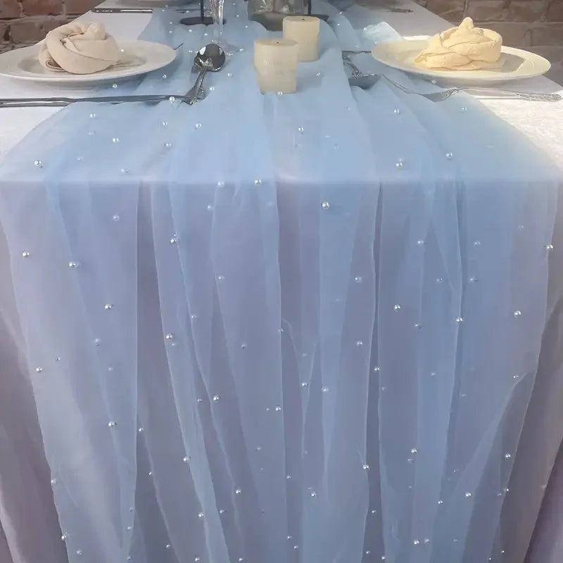 White Pearl Tulle Mesh Table Runner – Wedding & Party Décor