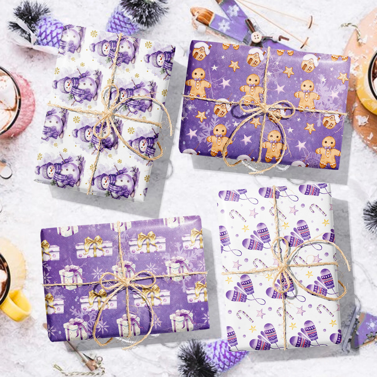 12-Sheet Christmas Wrapping Paper – Purple Snowflake & Snowman