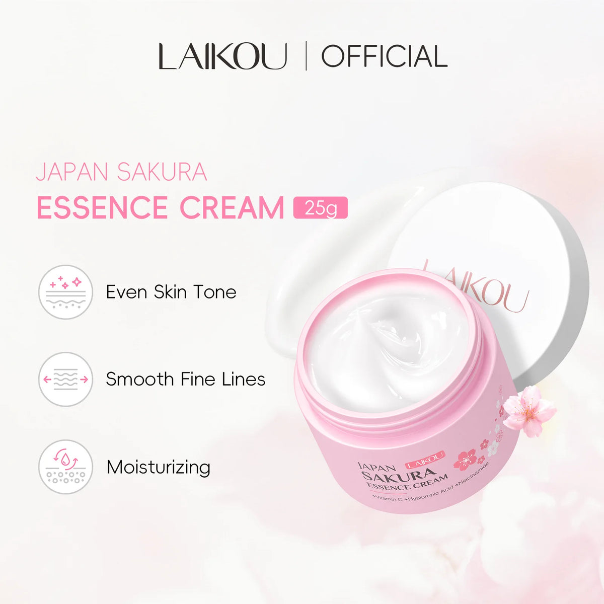 LAIKOU Sakura Face Cream | Hyaluronic Acid & Vitamin C, 25g