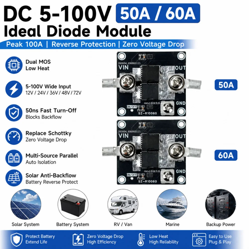 DC 5–100V 50A/60A Ideal Diode Module | Solar & Battery Protection