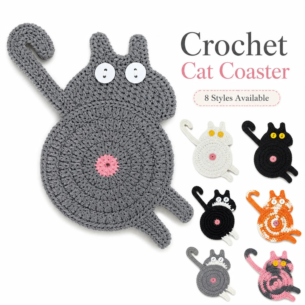 Handmade Crochet Cat Coaster – Knitted Felt Mug Pad Gift