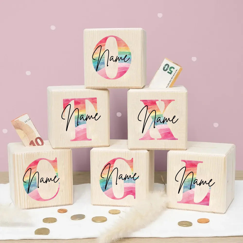 Personalized Wooden Coin Bank – Rainbow Name Money Box for Kids